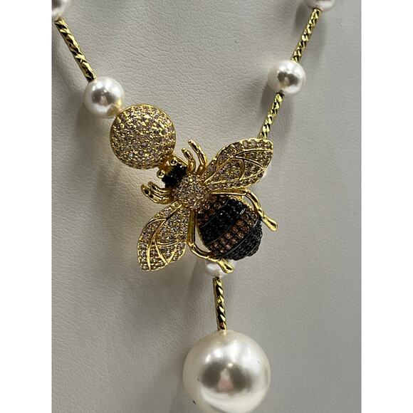 Vintage Gold Bee Movable Enhancer Long Pearl Chain Convertible Runway Necklace - Picture 4 of 10